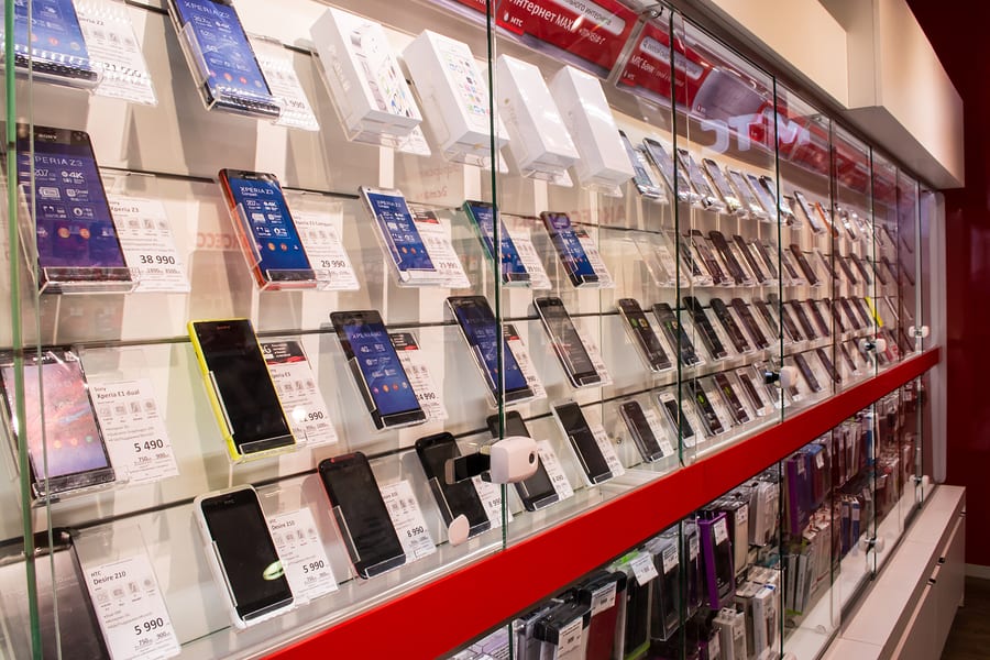 Mobile Phones On Display In A Shop.